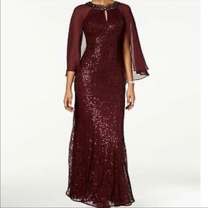 Sequin Capelet Rhinestone Collar Burgundy Wine Sheath Gown